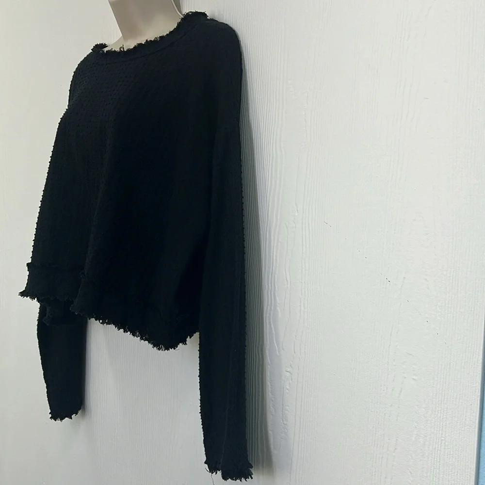 Free People - Black Popcorn Fringe With Back Bow And Button Long Sleeve Top XS